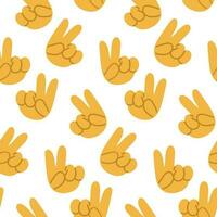 Seamless pattern with the victory gesture, two thumbs up. Victory, life, peace. Index and middle finger up. Template for printing backgrounds on wallpaper, textiles. Background of victory, life vector