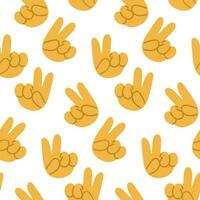 Seamless pattern with the victory gesture, two thumbs up. Victory, life, peace. Index and middle finger up. Template for printing backgrounds on wallpaper, textiles. Background of victory, life vector