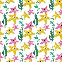 Seamless vector pattern with cute yellow and pink eyed starfish in algae. Children's marine illustration. Summer hand-drawn background for packaging, wrapping paper, banner, print, postcard, fabric