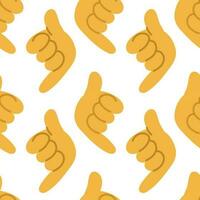 Seamless pattern in the sign of a call, Call me. The sign is a clenched fist but the little finger and thumb are open, communication. Support the concept, call. Vector cartoon illustration