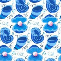 A pattern with cartoon blue shells of different types, open with a pearl. Vector illustration on a marine theme. Printing on textiles and paper. Wrapping paper, clothing, children's theme