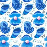 A pattern with cartoon blue shells of different types, open with a pearl. Vector illustration on a marine theme. Printing on textiles and paper. Wrapping paper, clothing, children's theme