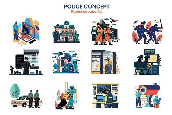 Hand Drawn policeman collection in flat style illustration for business ideas