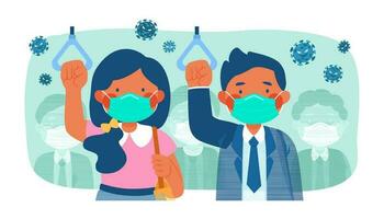 Commuters wearing surgical masks during their ride on subway or bus, Covid-19 prevention flat illustration vector