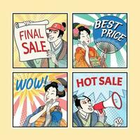 Ukiyo-e comic style characters set for shopping season with striped background and halftone effect vector