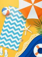 Paper art summer beach top view scene in 3d illustration vector