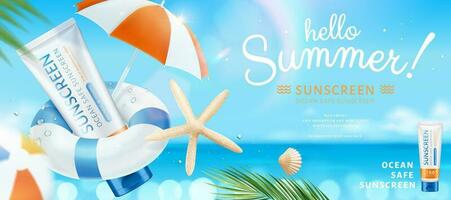 Summer ocean safe sunscreen with starfish and parasol elements on bokeh glitter beach scene, 3d illustration vector