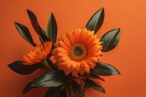 Orange gerbera flowers with green leaves on orange background. Flat lay. generative ai photo