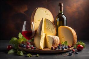 Cheese collection, red wine and ripe grapes on a dark background. photo