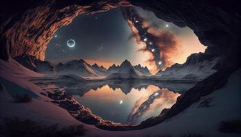 Snowy mountain peak under starry galaxy majesty , photo