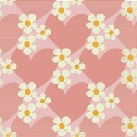 Seamless pattern with heart shape with flowers of daisy flowers in Groovy style on a light pink background vector