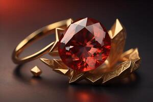 Wedding rings with red gemstone on a dark background. photo