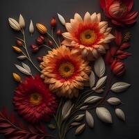 Autumn flowers composition on black background. Flat lay, top view. photo