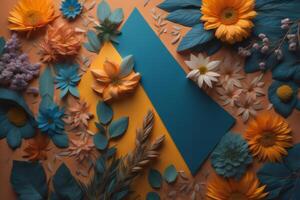 Flowers composition. Colorful flowers on orange background. Flat lay, top view, copy space. photo