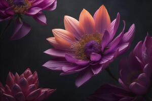 Beautiful purple dahlia flowers on dark background. Toned. photo