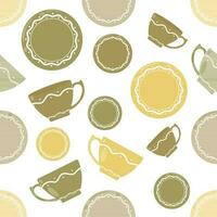 seamless pattern of painted plates and tea cups in different colors vector