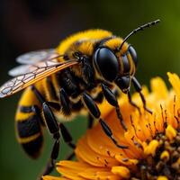 macro Disparo de un abeja coleccionar polen desde un amarillo flor. generativo ai foto