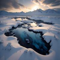 Beautiful winter landscape with snow covered mountains and lake. Arctic. photo