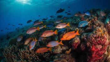 Multi colored school of fish swim in reef generated by AI photo