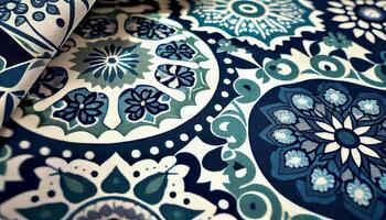 Floral and geometric shapes on blue textile design generated by AI photo