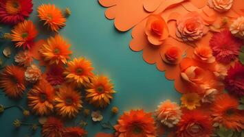 Orange and white flowers on blue background. Floral abstract background. photo