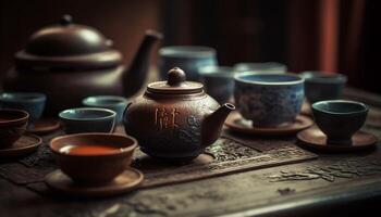 Hot tea in antique Chinese teapot set generated by AI photo
