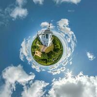 little planet transformation of spherical panorama 360 degrees overlooking church in center of globe in blue sky. Spherical abstract aerial view with curvature of space. photo