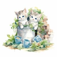 Watercolor kittens in the bucket at the garden Illustration photo