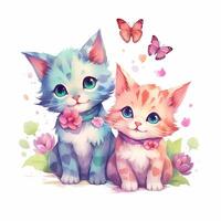 watercolor kittens playing in the garden with butterfly Illustration photo