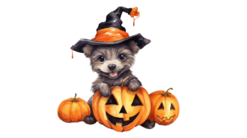 gelukkig hond met pompoen in halloween stijl, waterverf illustratie, transparant het dossier, PNG - ai generatief artwork
