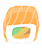 lax sushi rullar japansk mat. bit fisk tonfisk lax med ris. friska fett skaldjur, omega 3 mat. tecknad serie illustration png