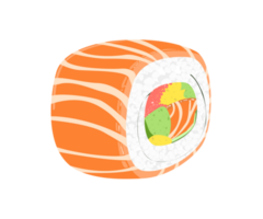lax sushi rullar japansk mat. bit fisk tonfisk lax med ris. friska fett skaldjur, omega 3 mat. tecknad serie illustration png