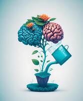 humano cerebro emergente desde un flor, riego lata simbolizando mental bienestar, optimista panorama, y innovador pensamiento, ai generado foto
