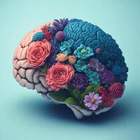 human brain with flowers, mental health and self-care idea, optimistic outlook, inventive mind, photo