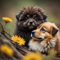 two puppies of chow-chow in the field with yellow flowers. generative ai photo