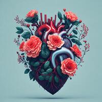 Human heart with flowers, the notion of love and compassion, a kind person, assistance, and charity, photo