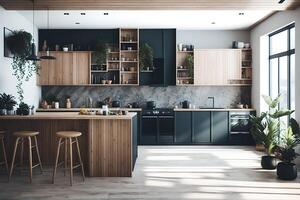 Contemporary empty home interior kitchen boho style, concept of Bohemian and Minimalistic, . photo