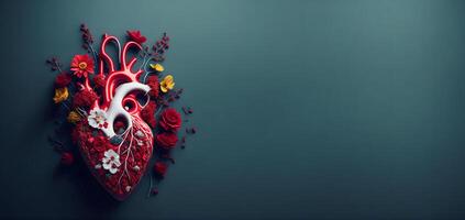 Human heart with flowers, the notion of love and compassion, a kind person, assistance, and charity, photo