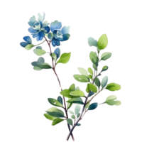 waterverf botanisch groen boom Afdeling met blauw bloemen ai gegenereerd png