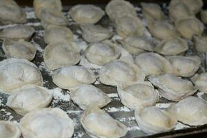 Homemade dumplings molded by hand meat in dough photo