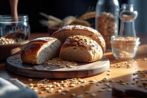 un pan con cereales en el cocina ai generado foto