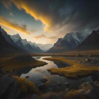 Beautiful mountain landscape with a river at sunset. photo