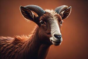 Portrait of a goat on a brown background. Close-up. photo