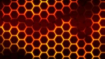 Fiery glowing hexagonal pattern background with pulsating lava colors from red to orange and yellow as futuristic background pattern for seamless looping of honeycomb pattern in science fiction cells video