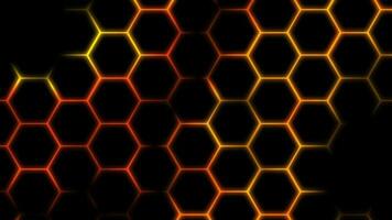 Fiery glowing hexagonal pattern background with pulsating lava colors from red to orange and yellow as futuristic background pattern for seamless looping of honeycomb pattern in science fiction cells video