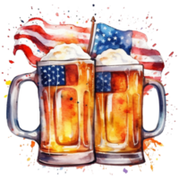 Two mugs of beer with American flag. Watercolor hand drawn illustration AI Generative png