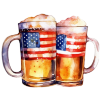 Two mugs of beer with American flag. Watercolor hand drawn illustration AI Generative png