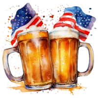 Two mugs of beer with American flag. Watercolor hand drawn illustration AI Generative png