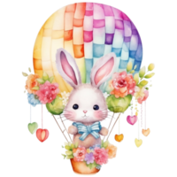 Cute watercolor illustration of a cute bunny in a hot air balloon, AI Generative png