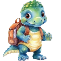 Cute cartoon dinosaur with backpack, Watercolor illustration AI Generative png